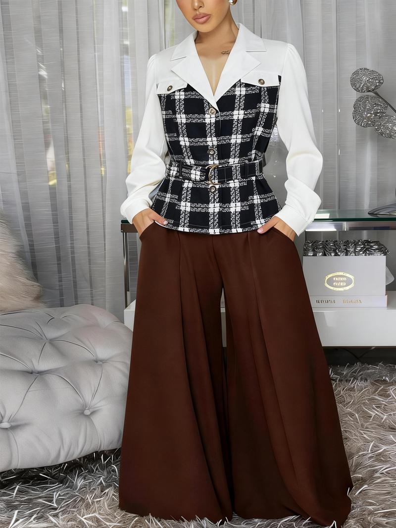 Women's Textured Plaid Blazer Jacket, Pure Long Sleeve, Metal Buckle Waistband, Vintage Style, Casual Office Wear