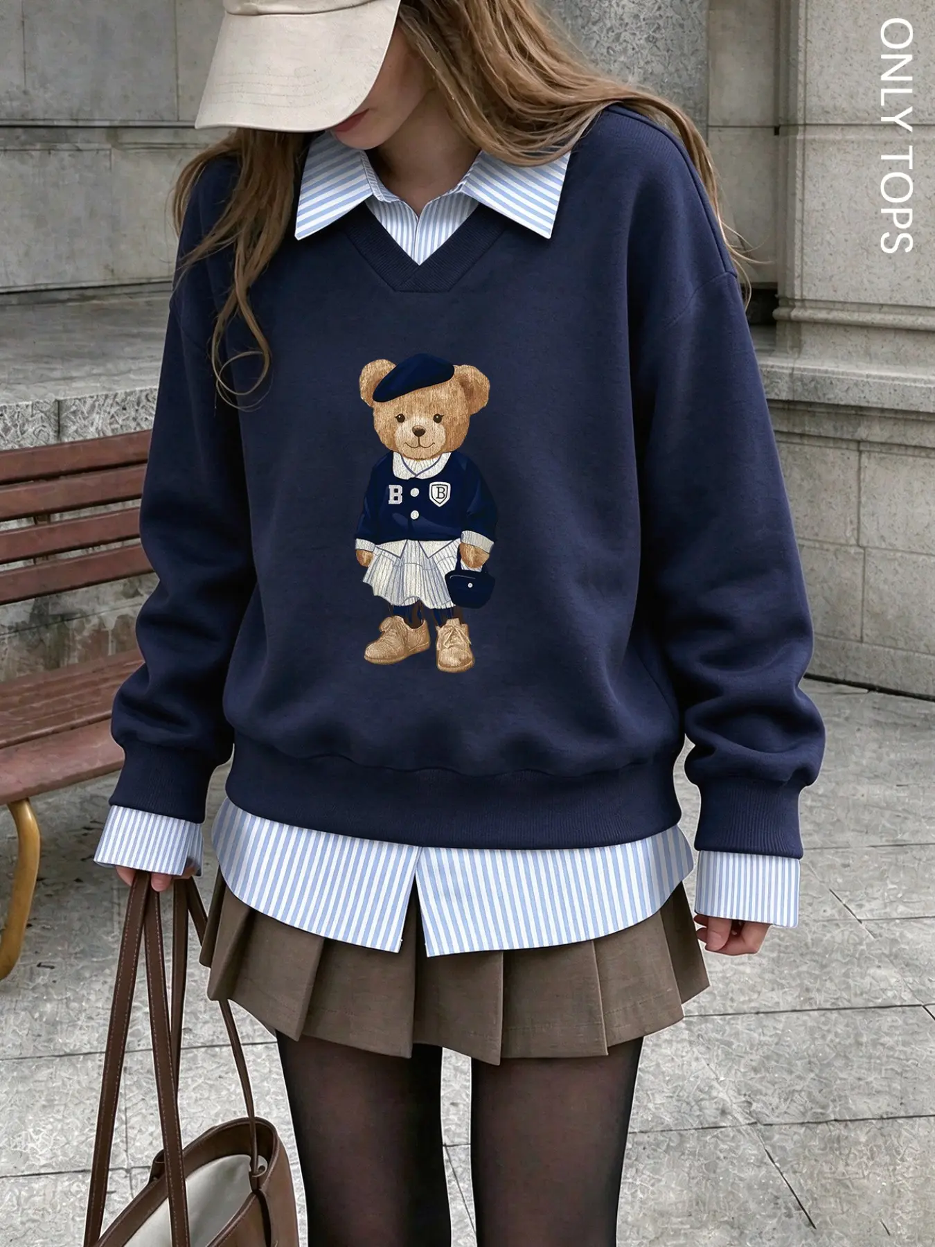 Women's Regular Fit Faux Two Piece Sweatshirt, Bear Graphic Print Stitched Collar Casual Top, Soft Warm Fabric, For Fall Winter Everyday Wear