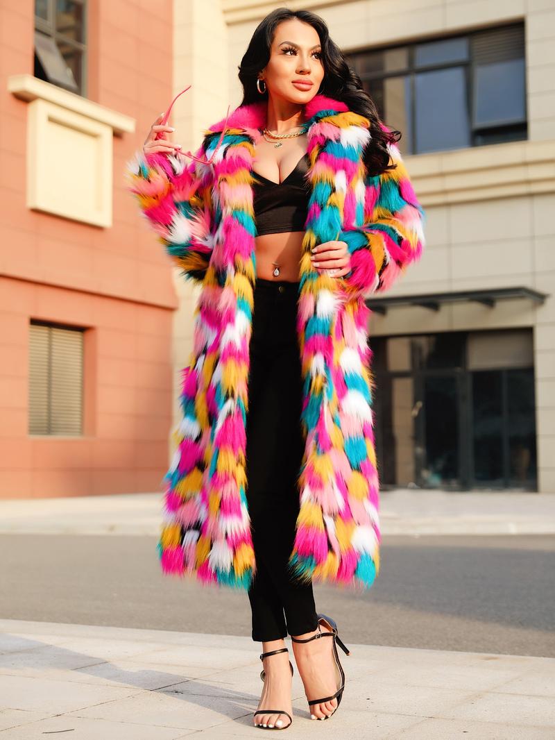 Women's Colorblock Faux Fur Jackets, Street Fashion Long Sleeve Coat for Daily Outdoor Wear, Women Clothing for Fall & Winter, Jackets, Fashion Casual Outerwear