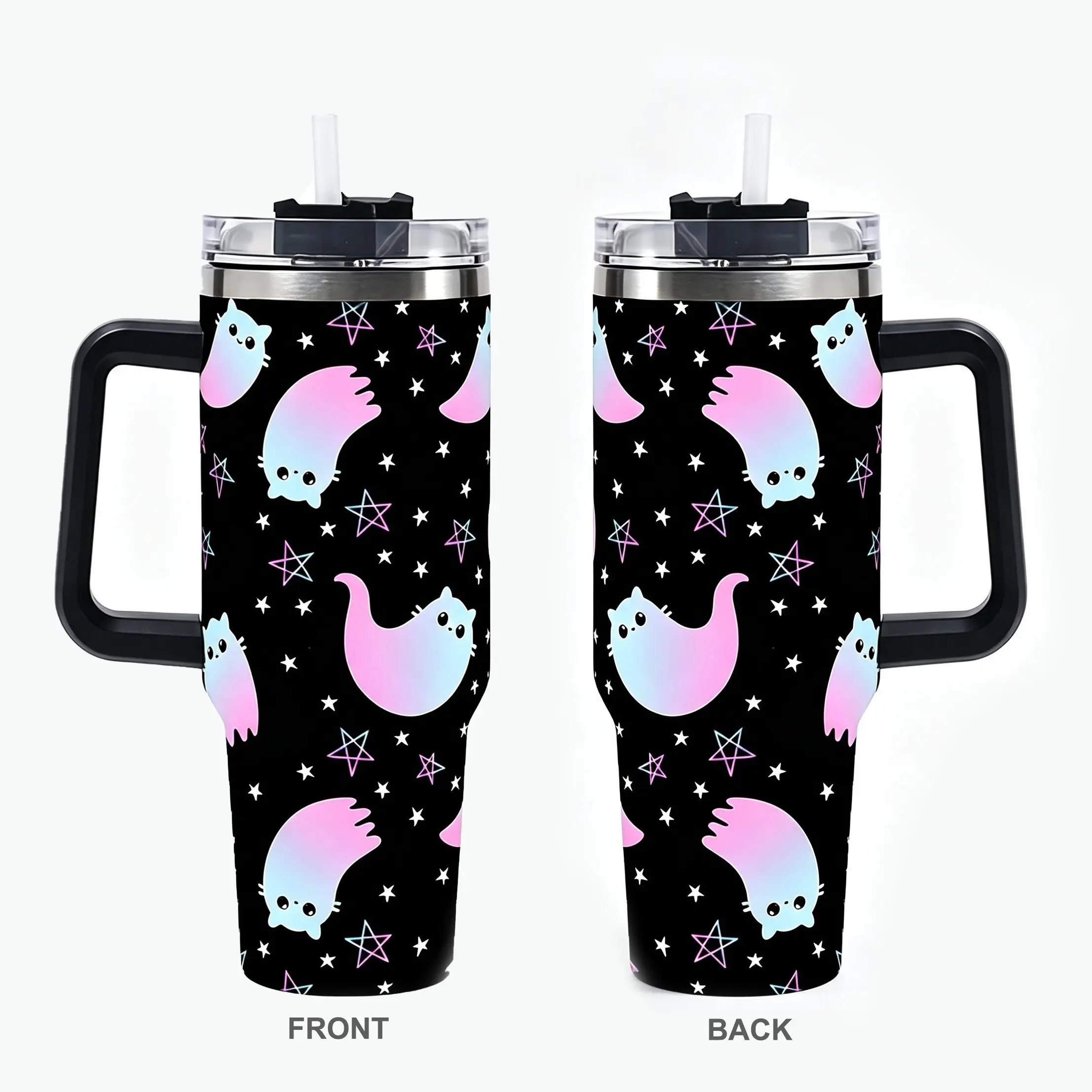 Halloween Thermos, Travel Coffee Cup, Car Cup, Ghost Water Cup with Handle and Straw Lid, Leak-proof Stainless Steel Thermos, Personalized Gothic Cat Cup, Halloween Gift, Trick-or-treat or Birthday Party Spooky Gift (40oz)