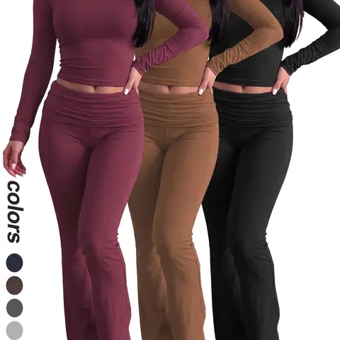 Women's Fall Winter Matching Set, Fitted Crew Neck Long Sleeve Crop Top with High Waisted Foldover Flare Pants, Soft Stretch Y2K Two Piece Outfit for Lounge, Airport Travel, Streetwear and Everyday Casual Wear Trend