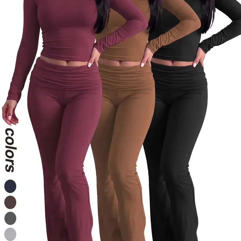 Women's Fall Winter Matching Set, Fitted Crew Neck Long Sleeve Crop Top with High Waisted Foldover Flare Pants, Soft Stretch Y2K Two Piece Outfit for Lounge, Airport Travel, Streetwear and Everyday Casual Wear Trend