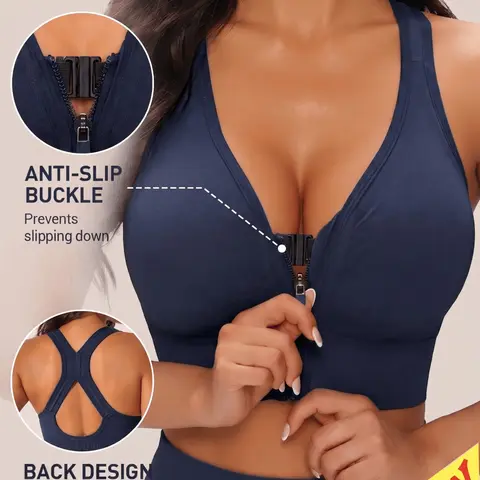 Women's Criss Cross Backless Sports Bra, Non-Slip Zipper, Ideal for Fitness Yoga Cycling, All Seasons Use, Medium Support, Slim Fit, Strappy Sports Bras