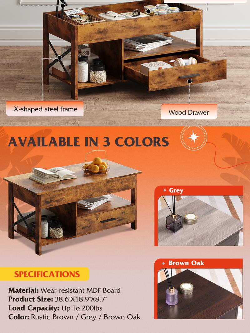 WLIVE Lift Top Coffee Table with Hidden Compartment, Storage Drawers and Storage Shelf for Living Room and Reception Room