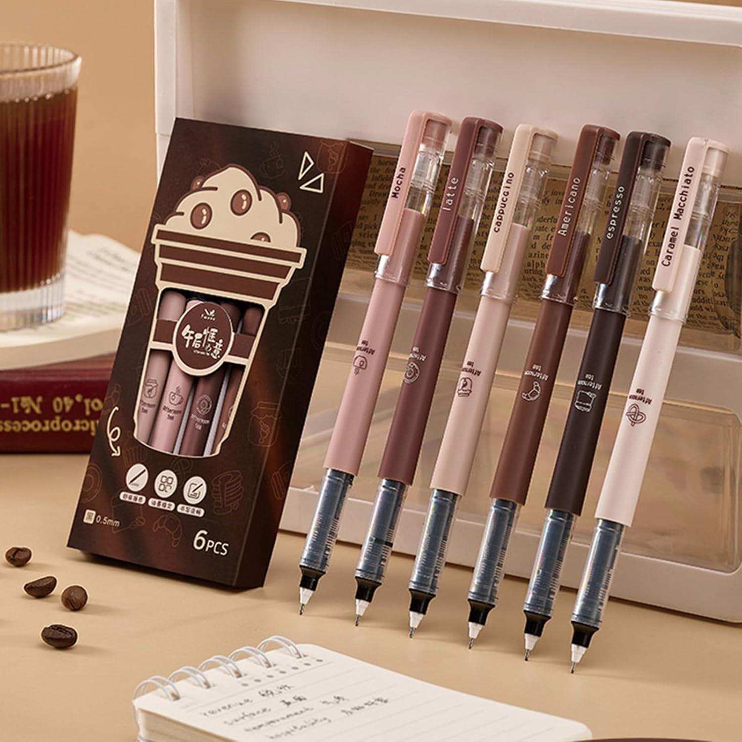 6pcs Coffee Theme Liquid Quick-Drying Ink Gel Pens, No smear Soft Touch Pens for Note taking Drawing School Office Supplies