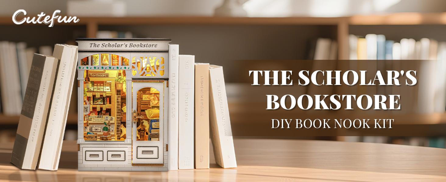 CUTEBEE DIY 3D Book Nook Kit The Scholar's Bookstore – Miniature Wooden House Dollhouse, Handmade Creative Bookshelf Decor | Holiday, Christmas and Black Friday Gift for Adults