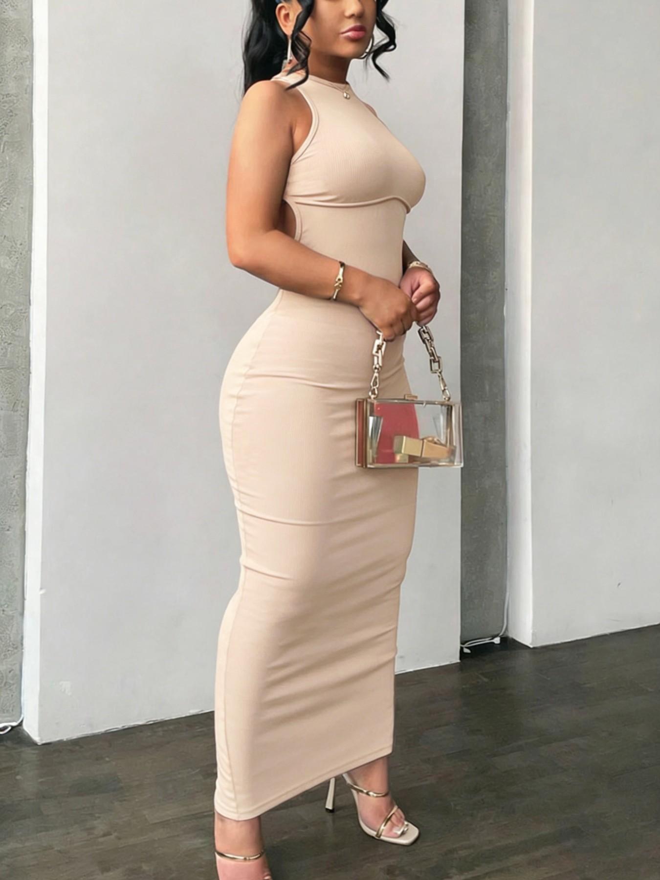 Women's Sexy Chic Off-Shoulder Midi Dress, Backless Criss Cross Design, Split Hem, High Stretch Fabric, Casual Long Sleeveless Dress