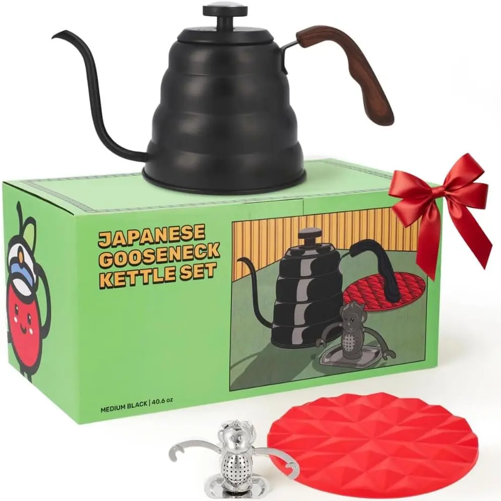 Black Japanese Gooseneck Stovetop Kettle with Thermometer and Insulated Handle 4-piece 1200ml Stainless Steel Pour Over Tea Precision Pour Kettle Pot