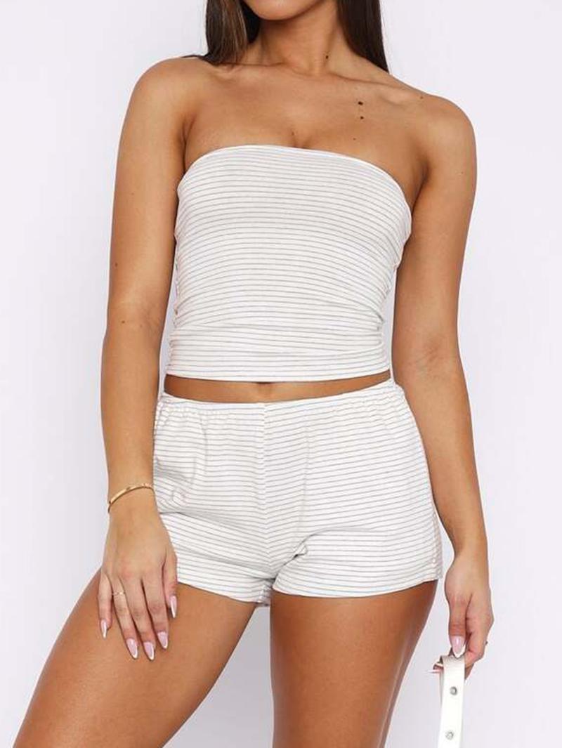 Sexy Backless Crop Top High Waisted Slimming Shorts Set for Women, Striped Casual, Comfortable for Daily Wear and Sports, Athleisure Wear Set
