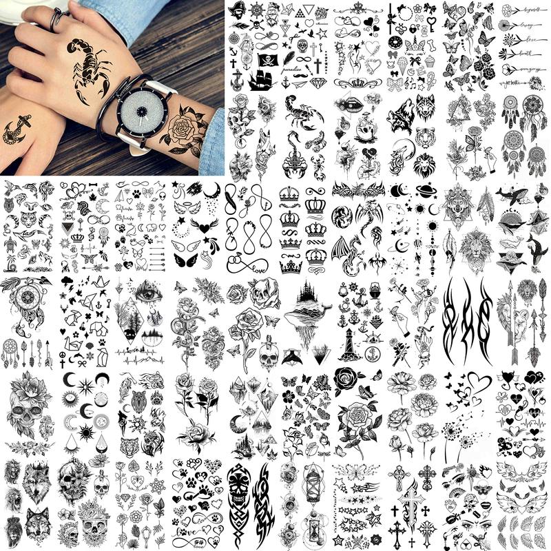 52 Sheets Creative  Black Temporary Tattoos - Assorted Designs of Crowns, Infinity, Triangles, Stars, Letters, Scorpions for Men & Women - Realistic Waterproof Adult Tattoo Stickers for Arm, Hand, Finger, Neck