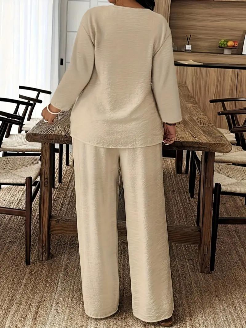 Spring Summer New Plus Size Women's Casual Breathable Long Sleeve Shirt and Loose Pants Two-Piece Set, Comfortable and Stylish