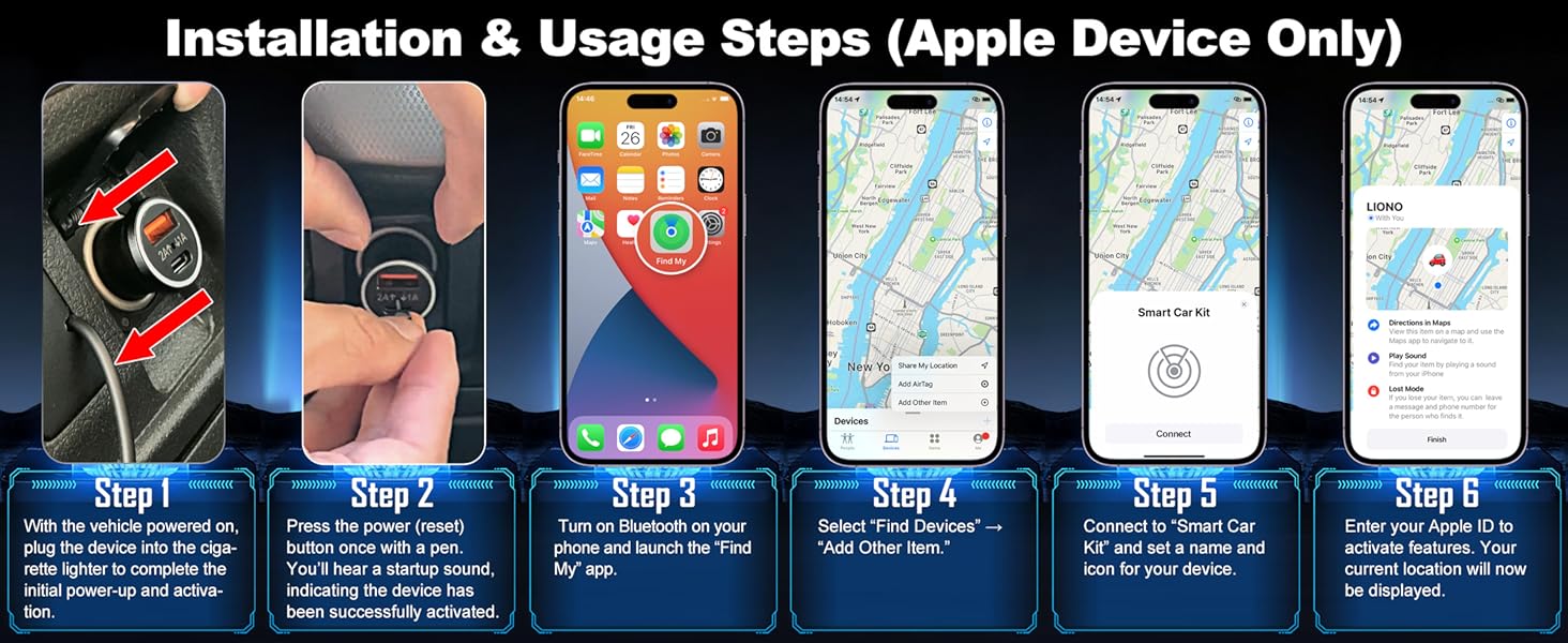 LIONO Car GPS Tracker & Charger with Built-in Rechargeable Battery, GPS Tracker for Vehicles, Hidden Car Tracker for Anti-Theft & Parking Location, for Family& Fleets, No Monthly Fee, No SIM, iOS Only