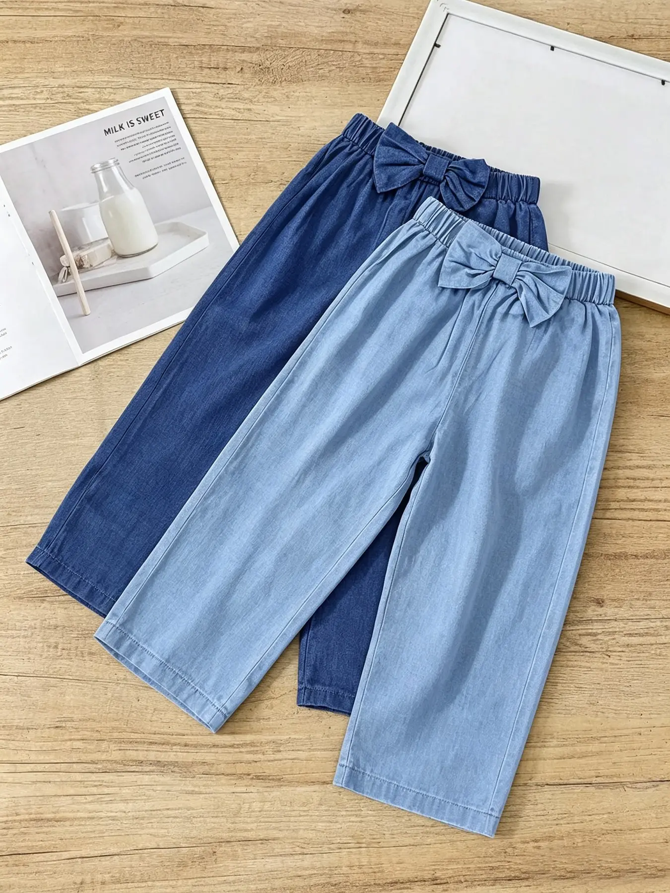 Girls' Viscose Denim Wide Leg Pants 2-Pack, Denim Bow Jeans, Summer Lightweight Seven-Quarter Pants, Sweet Casual Trousers for Children