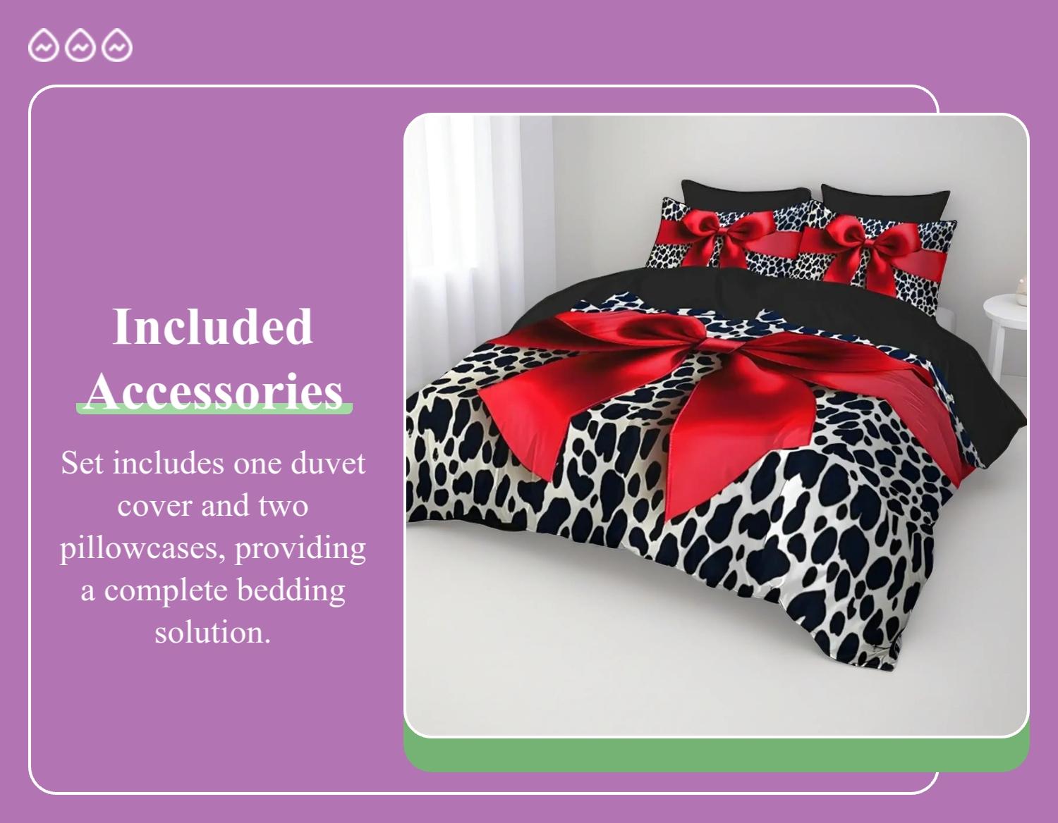 3pc Leopard Print Bedding Set, Soft Bedding Sets, leopard print and bow duvet cover Set, including 1 duvet cover and 2 pillowcases, a gift for friends, suitable for single beds and double beds, multiple sizes available, perfect for bedrooms, dormitories