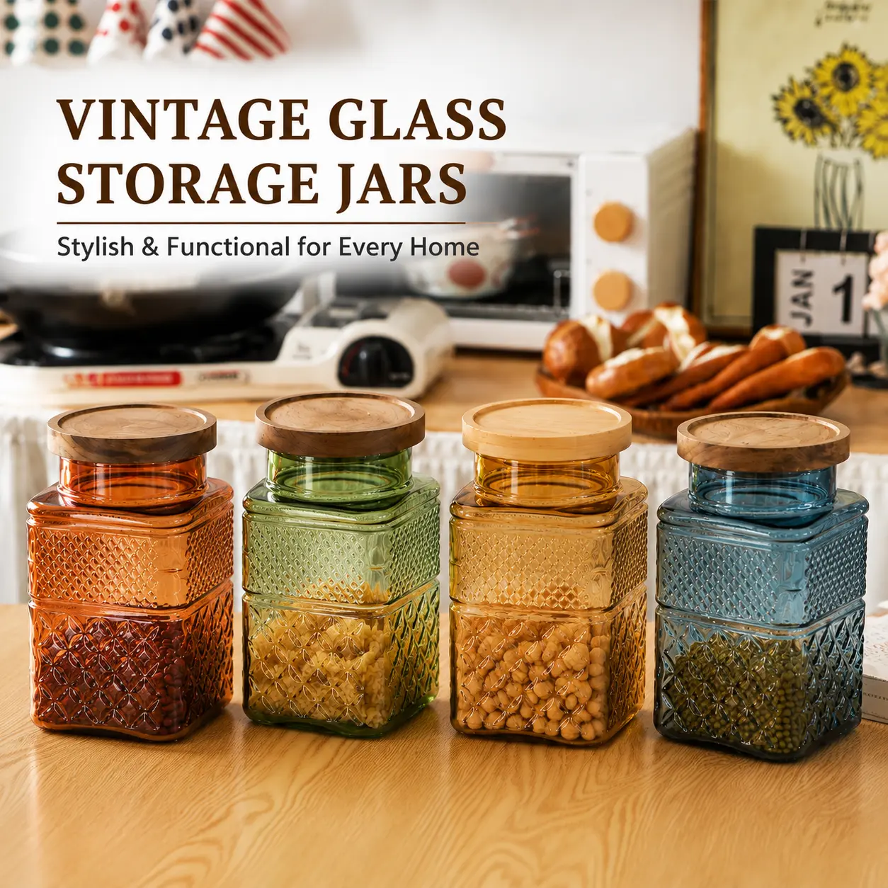 61oz Sturdy Wooden Lid Airtight Wide Mouth Square Glass Kitchen Canister, Decorative Food Storage Jar for Ground Coffee, Sugar (Yellow) Home Essentials