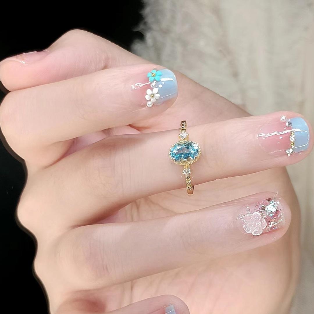 Inspiration Diamond studded aquamarine oval rings for women  fashion light luxury small blue ring party fine jewelry gift