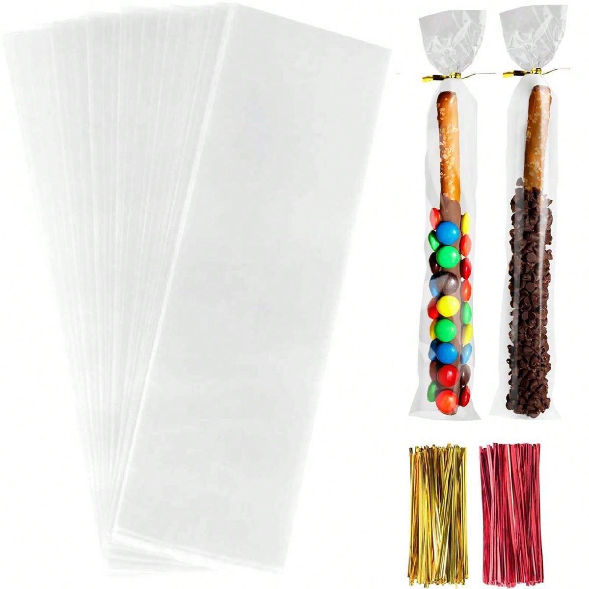 100pcs  5 X 25cm Opp Bags for Pretzel Rods, Transparent Plastic Bags with Colorful Twist Ties for Gift Packaging, Ideal for Bakery Treats & DIY Crafts