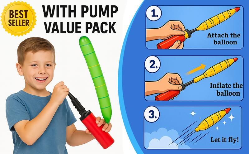 Rocket Balloons 100 Pack with Air Pump Giant Whistling Balloons for Outdoor Play Kids Birthday Events Fun Gift Christmas Gift for Cousin Boy Premium Latex Aerodynamic Tip Reusable Party Pack