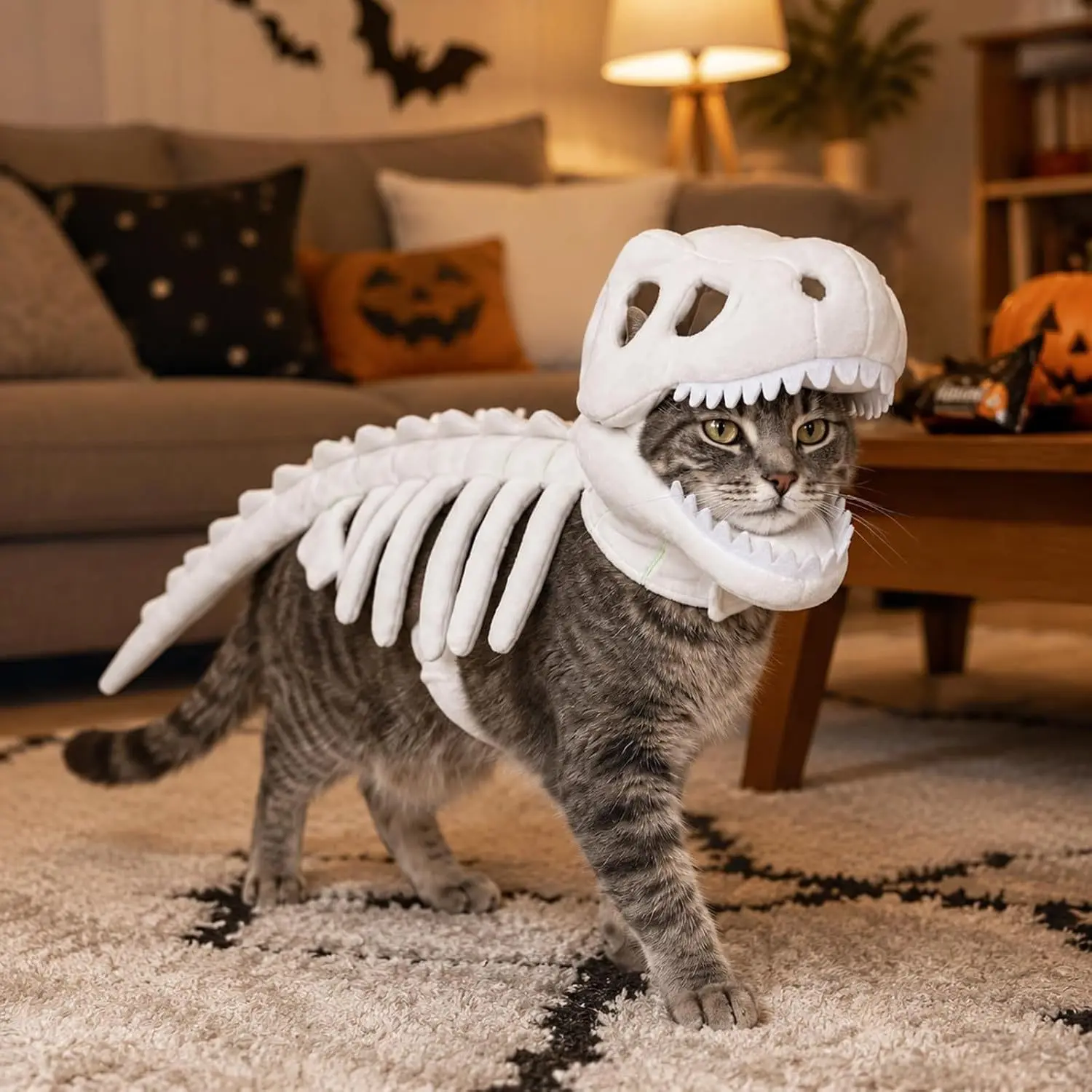 Funny Tyrannosaurus Rex Exoskeleton Cat Costume, Halloween Pet Role Play Set, Festive Pet Decoration, Perfect for Halloween Parties
