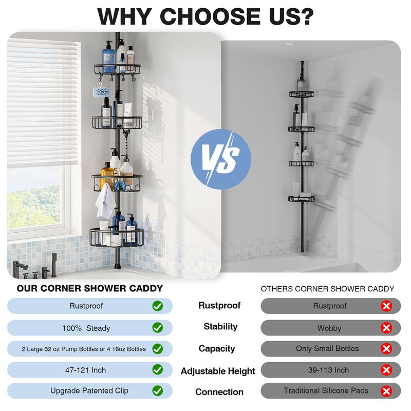 4 Tier Adjustable Corner Shower Caddy – Stainless Steel Rustproof Bathroom Organizer, No-Drill Tension Pole (47-121 Inch), Heavy-Duty Shelves & Hooks for Shampoo, Loofah, Bathtub Shampoo Storage – Quick Assembly, Black Rack