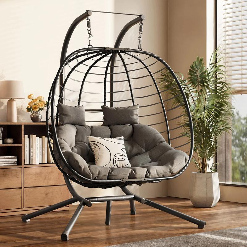 UDPATIO Outdoor Double Wicker Swing Egg Chair 2 Person Foldable Hanging Egg Chair with Stand, Porch Swing Loveseat for Patio, Balcony, Porch, Indoor&Outdoor