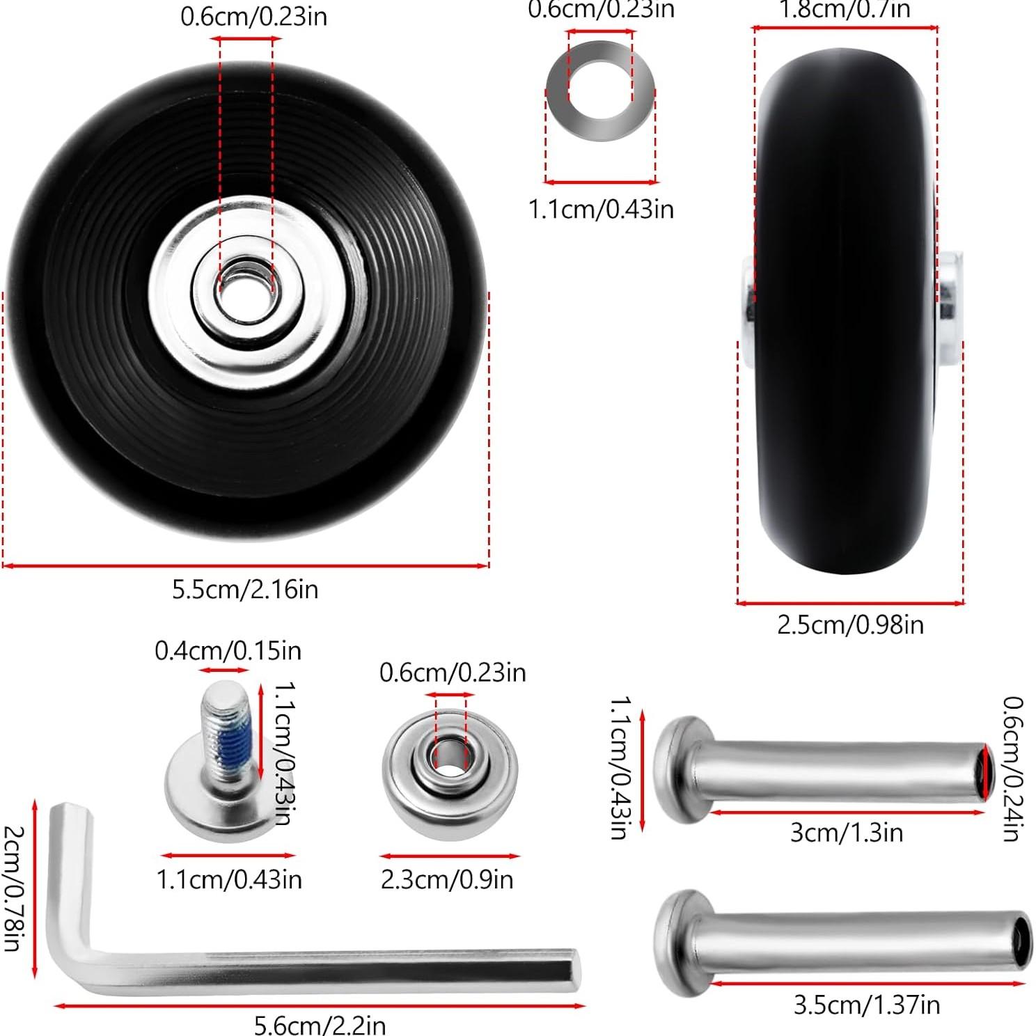 4Pcs Luggage Replacement Wheels, Double Travel Luggage Caster Wheels, Rubber Swivel Wheels with Bearing Repair Kit