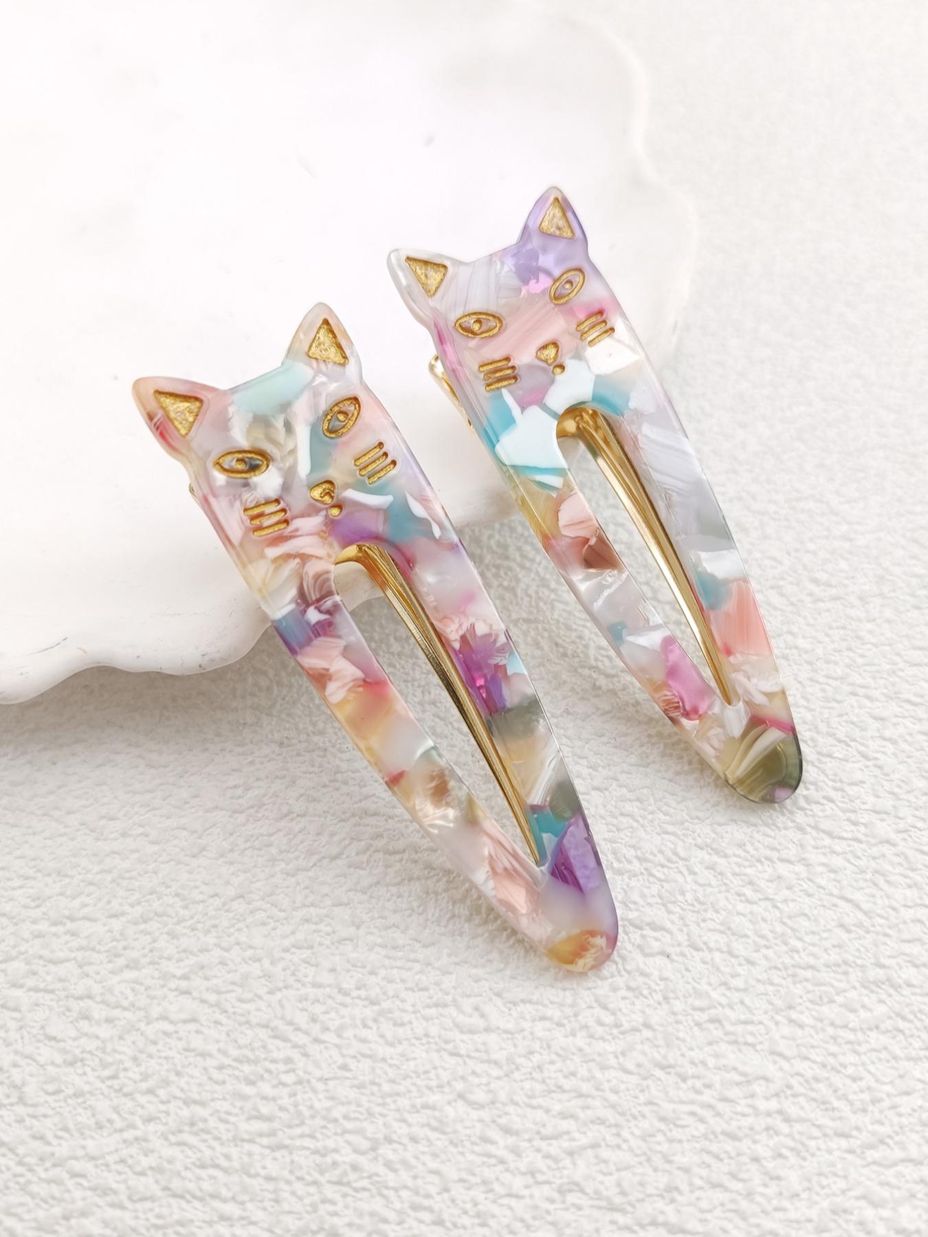 2PCS 7.3cm Cat Acetate Metal Hair Clips - Cute Cat Shape, High-Quality, Durable, Easy to Wear, Hair-Friendly for Daily Use at Work, School, or Dates