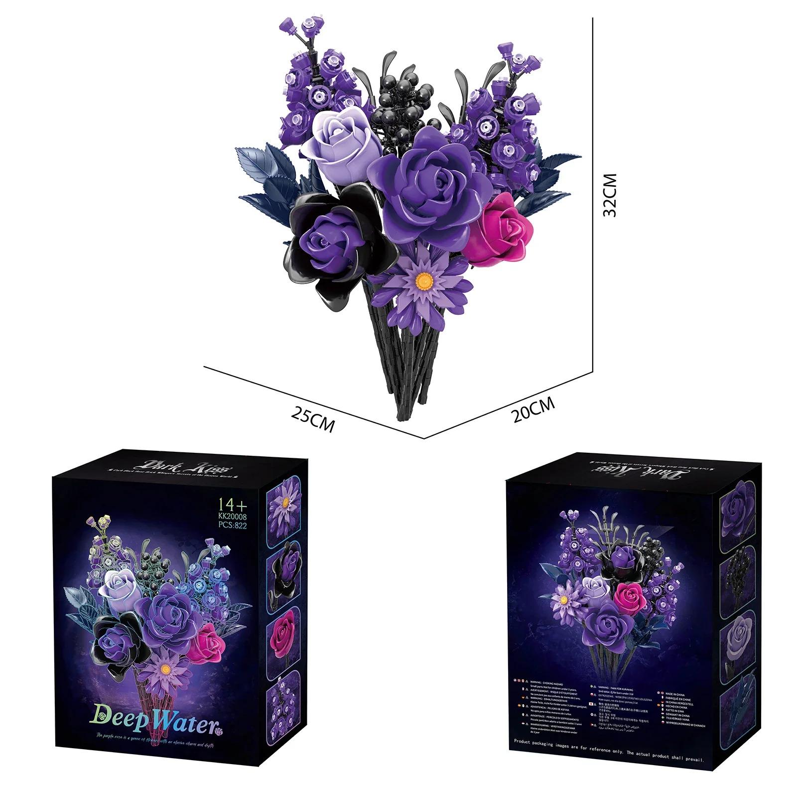 822PCS Purple Rose Gothic Bouquet Building Blocks Flowers Artificial Flowers Botanical Home Decor Valentines Mother's Day Gift