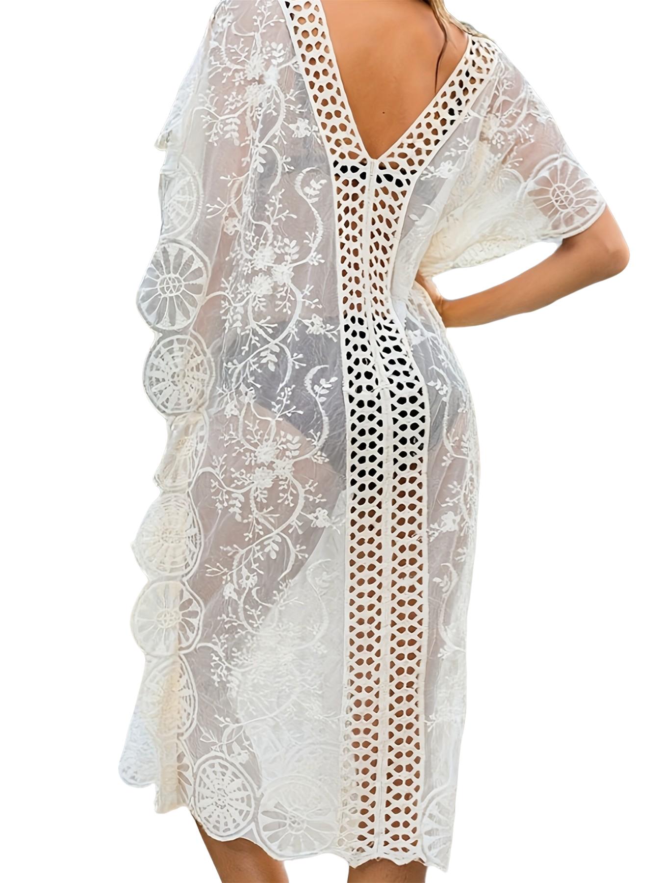 Women's Casual V-Neck Mesh Cut-Out Dress, Loose-Fitting Summer Beach Poolwear, Stylish Plain Pattern Pro Design