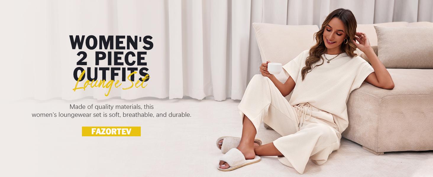 FISOEW Sports 2026 Summer Spring Womens 2 Piece Outfits Sweatsuit Long/Short Sleeve Tops and Drawstring Waist Cropped Wide Leg Pants Loungewear Sets viral  knit Jean Shirt matching sets women Matching Tracksuits Womenswear Soft,