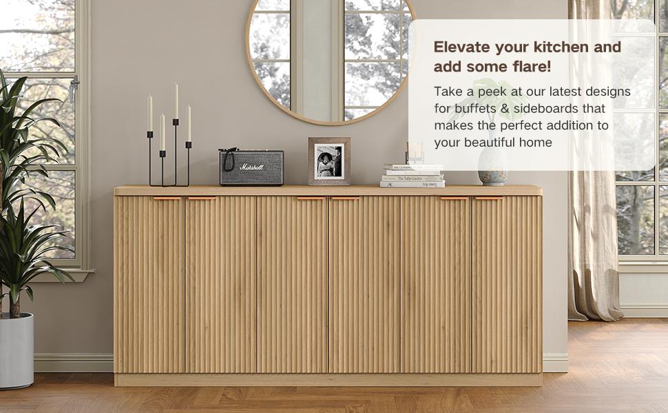 FUSOU Buffet Cabinet with Storage Accent Sideboard Modern Credenza with Doors & Shelves Fluted Media Console Mid Century Coffee Bar Table for Living Room Kitchen Dining Room Hallway