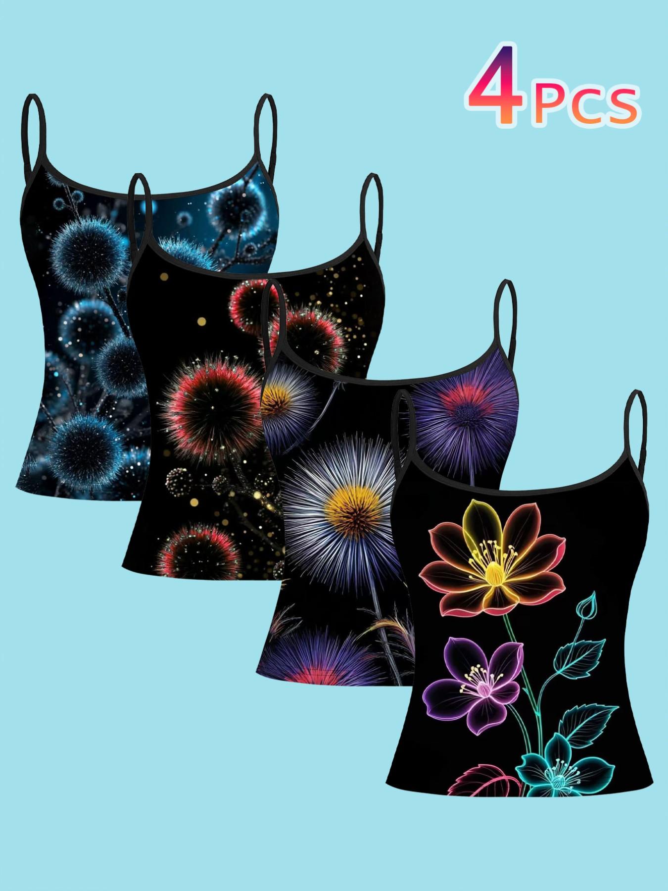 Neon Fluorescent Floral Print Strappy Top, Cyberpunk Slim-Fitting Shirt, 4-Piece Set, Casual Style, All over Print, Fashionable Clothing