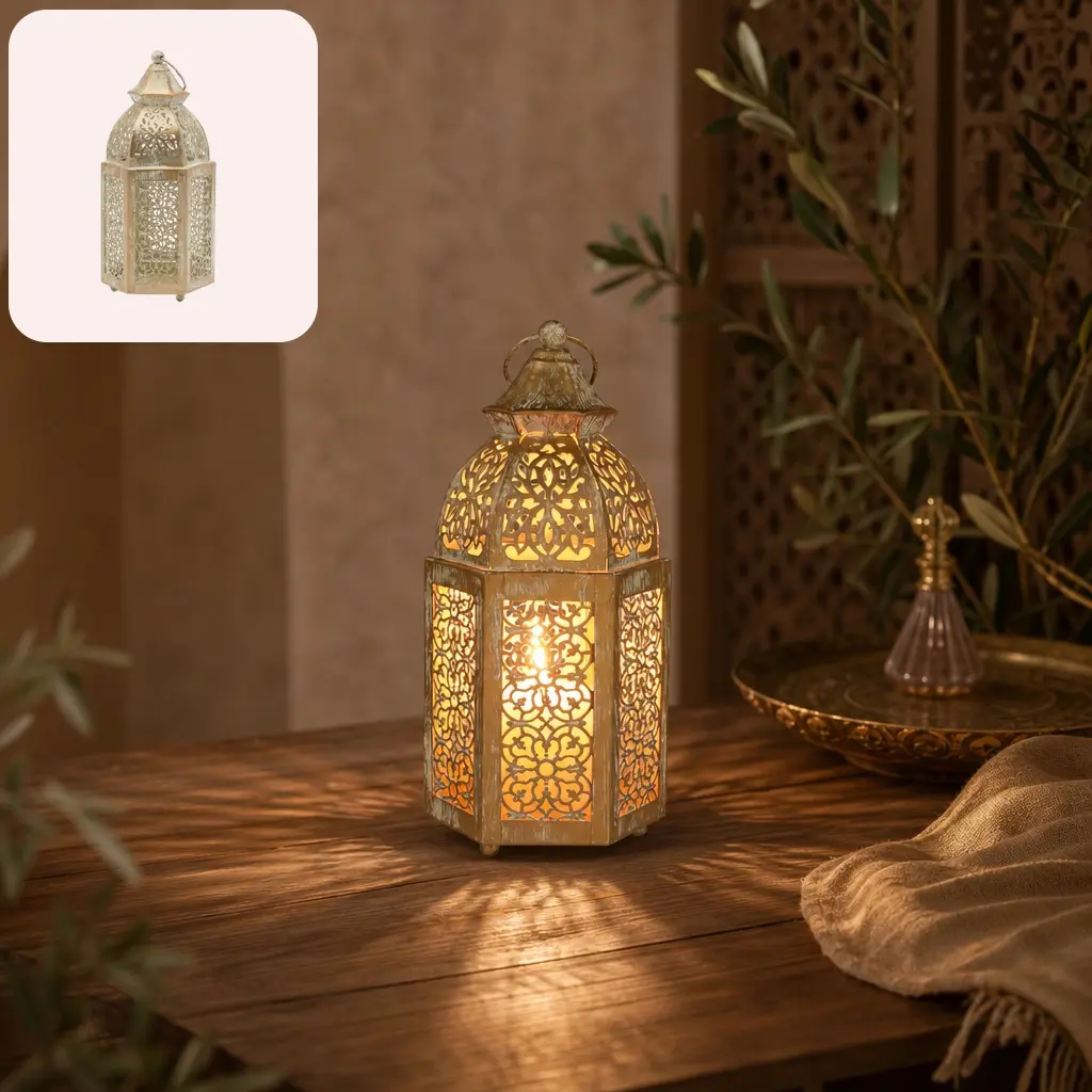 Moroccan Iron Lantern Candle Holder, Vintage Ramadan Decor, Home Decoration, Windproof Shadow Projection, Home Desk Wedding Festival Ornament, No Wax Included