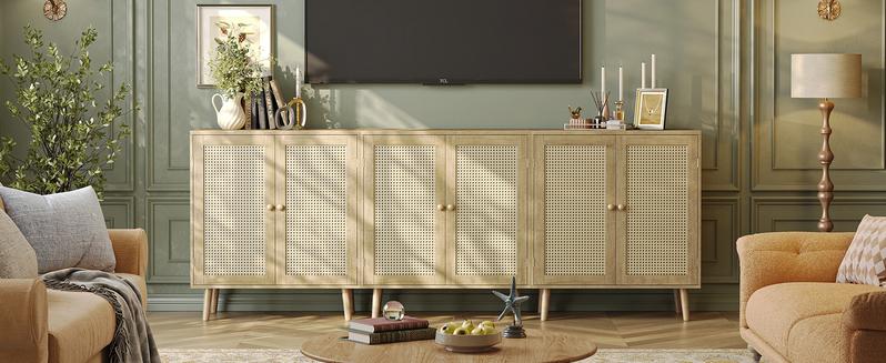 Huuger Buffet Cabinet with Storage, Storage Cabinet with PE Rattan Decor Doors, Media Console with Solid Wood Feet, Sideboard Cabinet for Hallway, Entry, Living Room