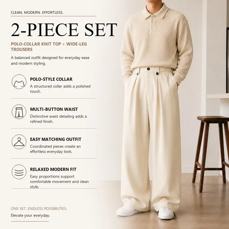 Men's Everyday Two-Piece Coordinated Set, Polo Collar Ribbed Knit Sweater with Straight Leg Tailored Pants, 8 Curated Solid Color Pairings, Sizes S-XXL, Daily Work Travel Style, Group 16