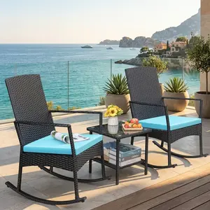 3 Piece Blue PE Wicker Rocking Chair Set,Weatherproof Anti-Fade Outdoor Leisure Rocking Furniture With Soft Cushion & Tempered Glass Coffee Table For Yard Patio Garden Backyard