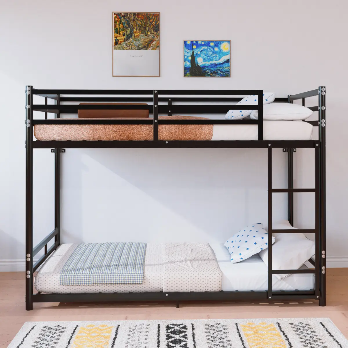 Bunk Bed With Ladder And High Guardrail Metal Bunk Bed, Storage Space, Noise Free,Twin Over Twin Size,BLACK