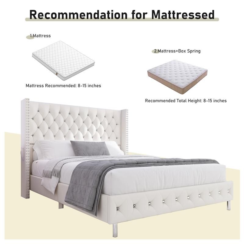 Queen LED Upholstered Bed Frame with Wingback Headboard, Velvet Diamond Button Tufted Bed Frame with USB & Type-C Ports, Wood Slats Support, No Box Spring Needed, Cream White/Dark Gray