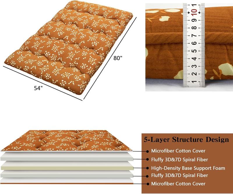 Floral Pattern Japanese Futon Mattress for Adults, Twin Full Size Futon Mattress for Guest Room Kids Room, Sleeping Mattress for Floor Roll Up Camping Mattress