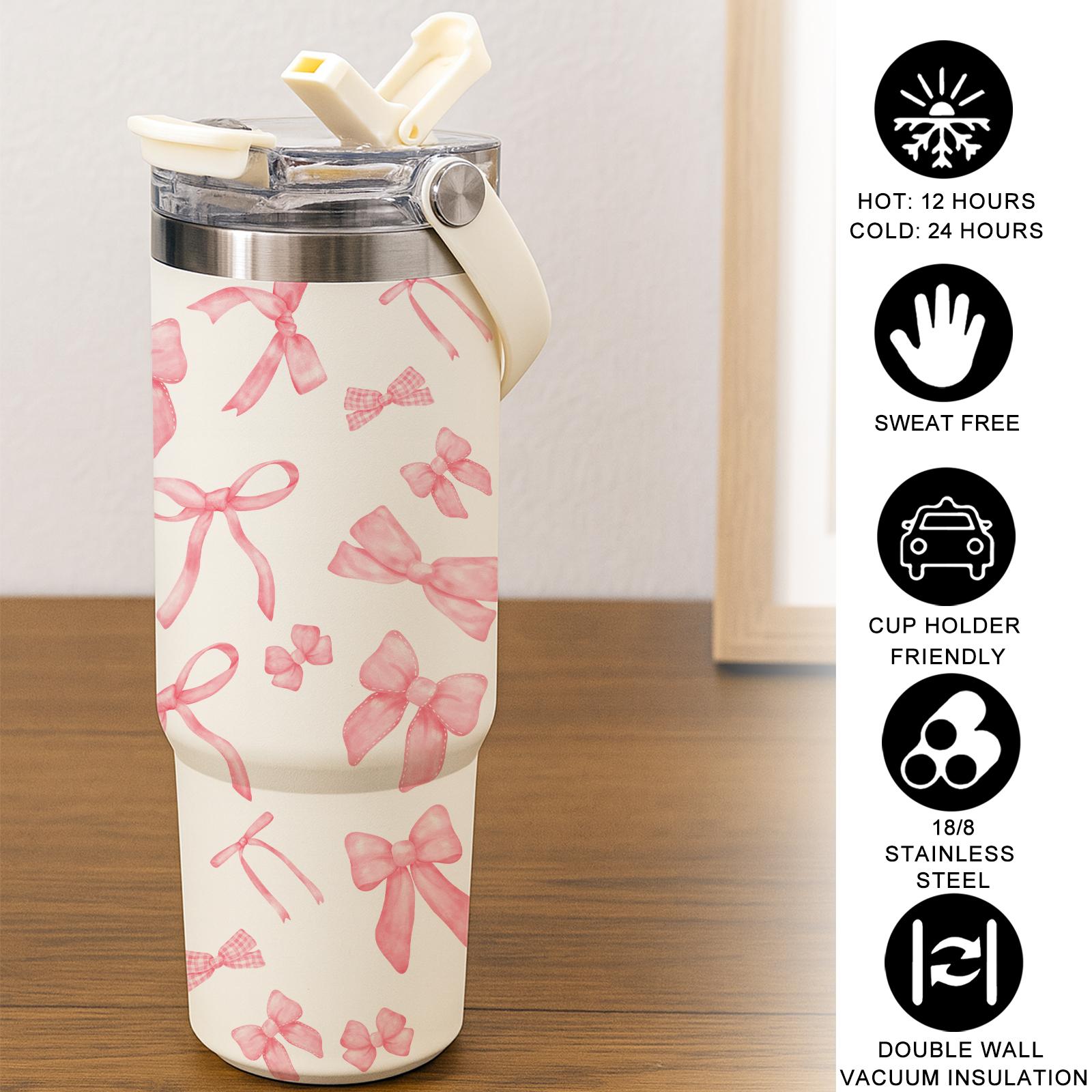 1 Pc 30oz skinny insulated mug, double wall thermal cup insulated thermos with leak-proof lid, pink bow style, hot cold drinks tumbler, gift for women, friends, birthday, Valentine’s Day, Christmas, keeps warm 12h cold 24h, cup for work school travel