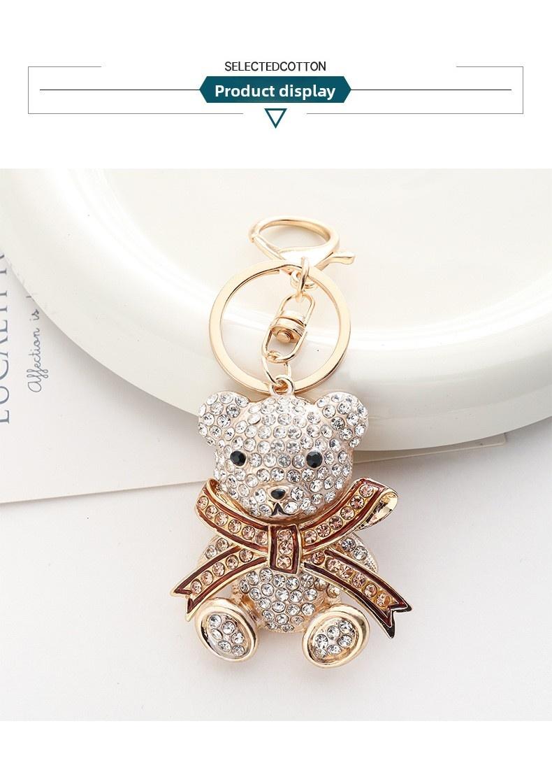 Bling Rhinestone Teddy Bear Car Mirror Hanging Ornament, Luxury Crystal Bowknot Animal Vehicle Charm, Aesthetic Coquette Girly Auto Interior Decoration, Fully Encrusted Bear Keyring Pendant Hanger Gift
