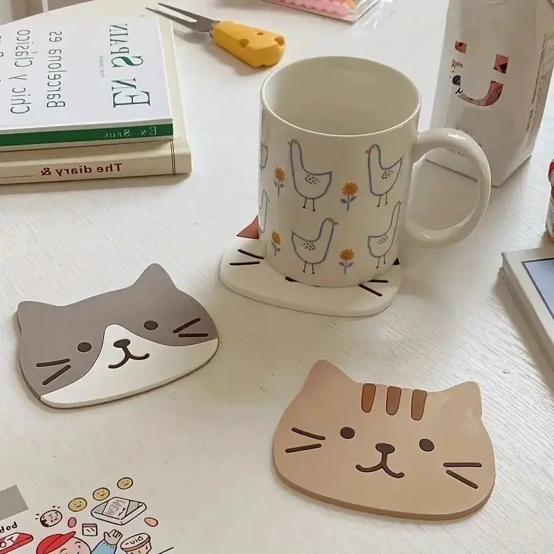 Set of 4 Silicone Cat Coasters, Cute Cartoon Cat Design, Heat Resistant & Durable, Hand Washable, Perfect for Kitchen & Home Decor, Tableware, Kitchenware, Decorative Coaster