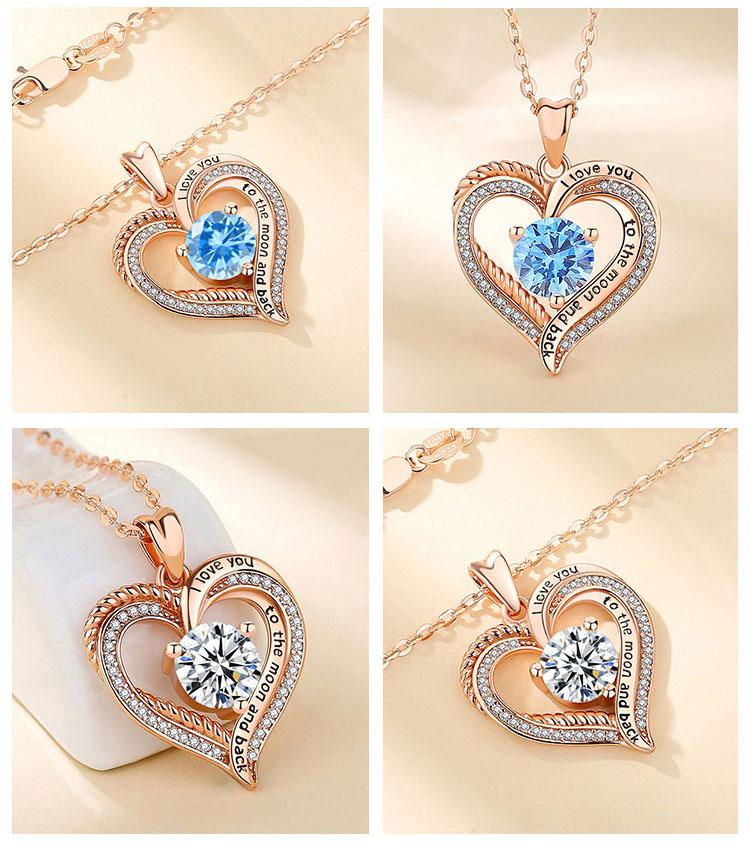 Elegant Birthstone Heart Necklace with Engraved I Love You to the Moon and Back, Rose Gold Heart Pendant, Bridesmaid & Lover Gift