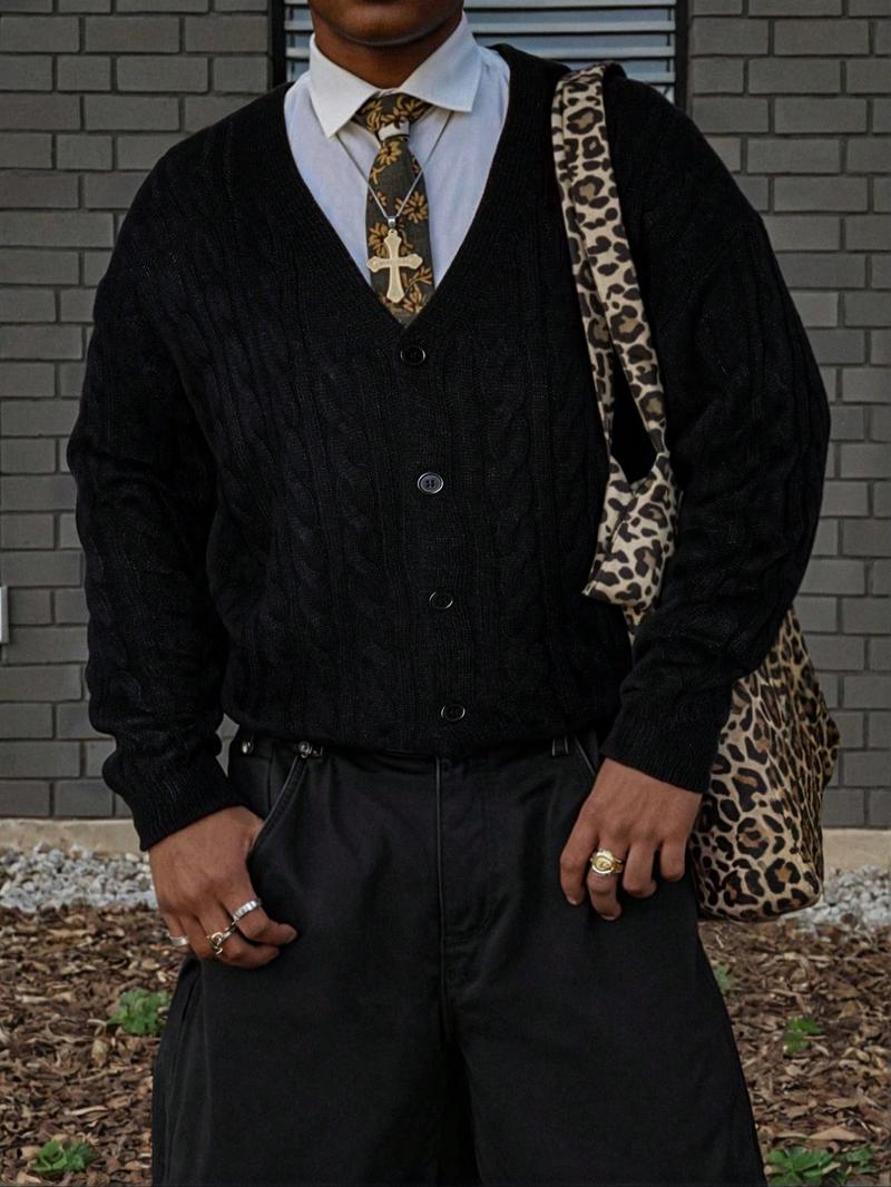 Men's V-Neck Long Sleeve Cardigan Sweater, Casual Loose Fit Knitwear for Spring & Fall, Street Style American Fashion