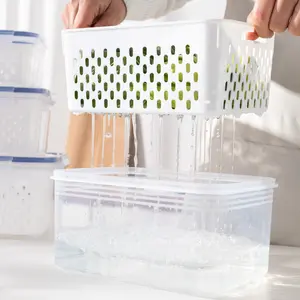 3 Piece Kitchen Refrigerator Storage Containers Rectangular Plastic Transparent Drain Baskets Fruit Vegetable Sealed Fresh-Keeping Box Organizer