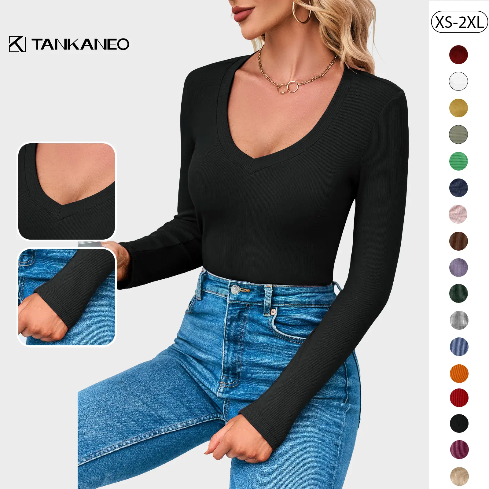 Tankaneo Womens Long Sleeve Shirts Tops Fall Deep V Neck Ribbed Casual Slim Fit Basic Sexy T-Shirt 2025
