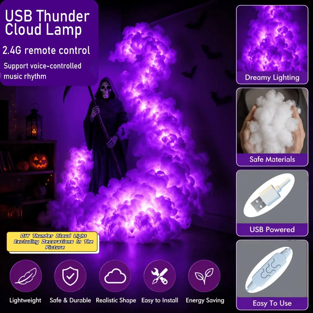 USB Thunder Cloud Light, 3D RGB LED Cloud Lamp, DIY Decoration, Sound Control, Remote, Adjustable Ambiance, Bedroom, Wall, Indoor, Holiday Gift