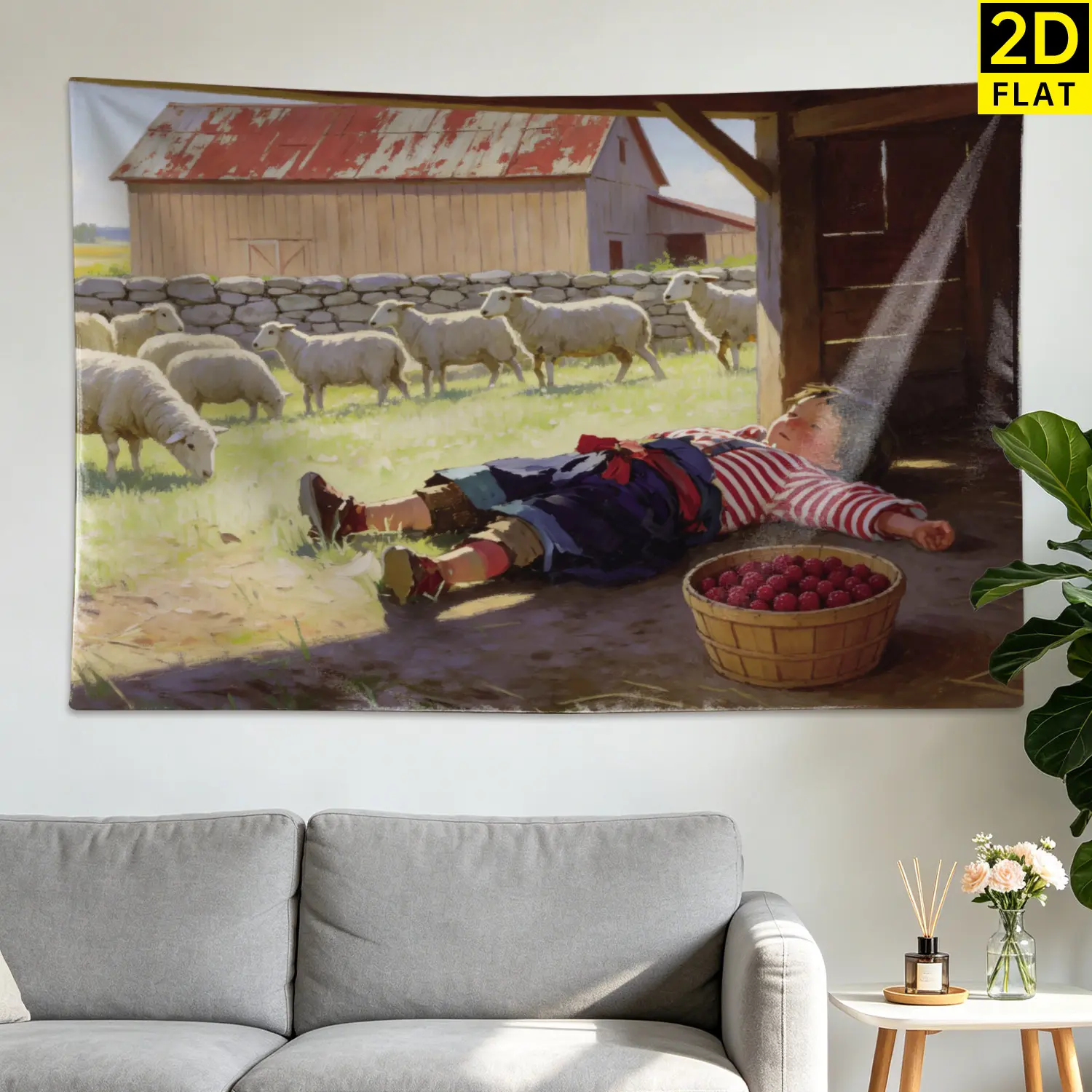 Rustic Farmhouse Pastoral Sheep Grazing Wall Tapestry - Large Horizontal Printed Polyester Wall Hanging Decor, Artwork for Living Room, No Installation Required, Indoor-Outdoor Room Decor, Holiday Gift Idea for Family