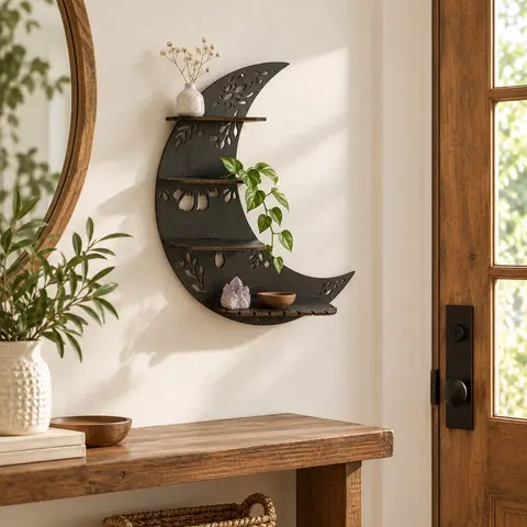 Moon Shaped Wall Mounted Shelf, 1 Count Wooden Wall Hanging Storage Rack, Wall Mounted Holder, Wall Mount Design, Wall Decor for Home Interior Living Room Bedroom, Home Decor, Decorations Supplies, Decoration Items, Wall Shelf Unit