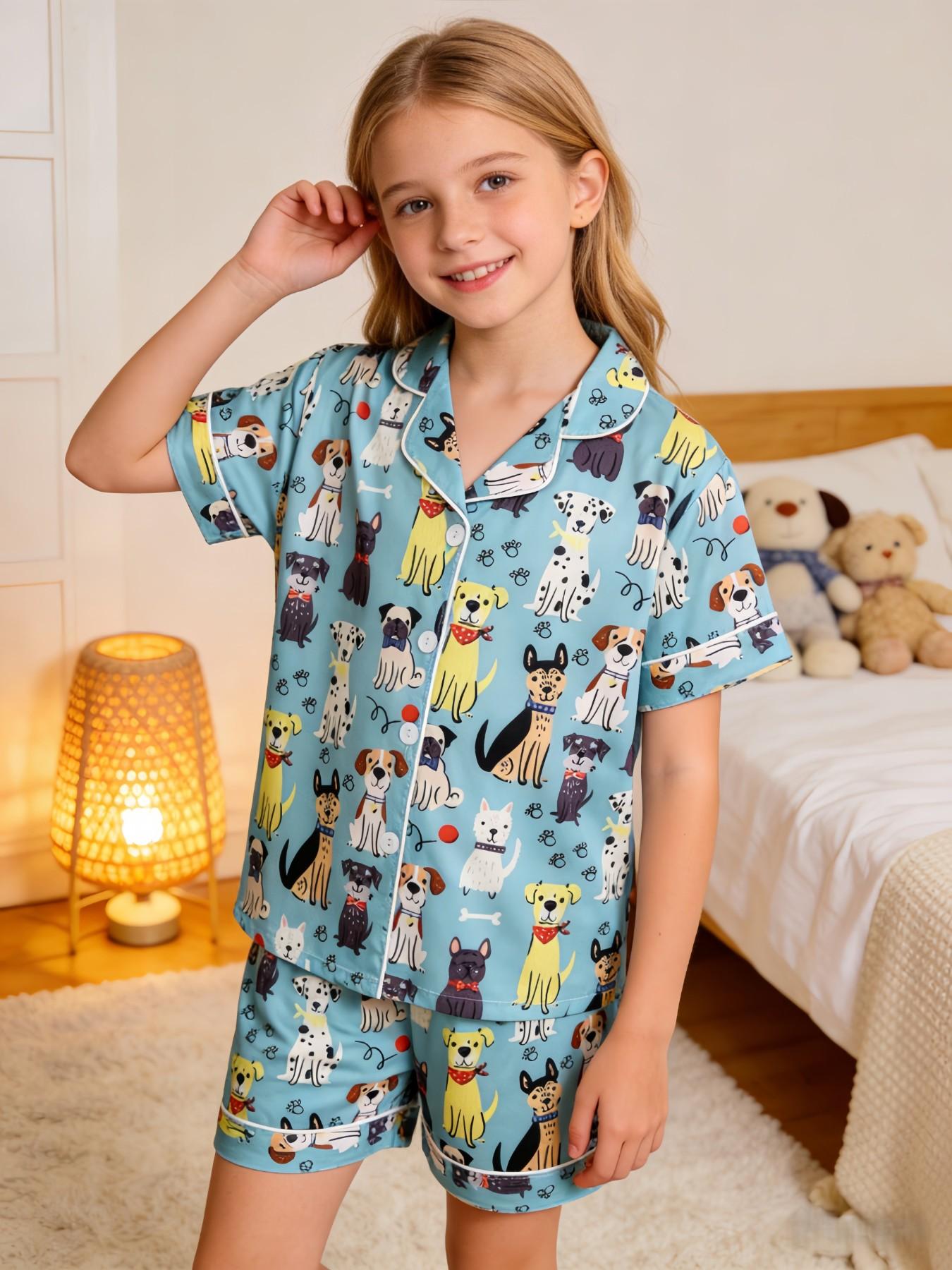 2-Piece Kids Pajama Set, Cartoon Puppy Footprint Design, Casual Short Sleeve, Loose-Fit, All-Season Wear, Party Gift Set